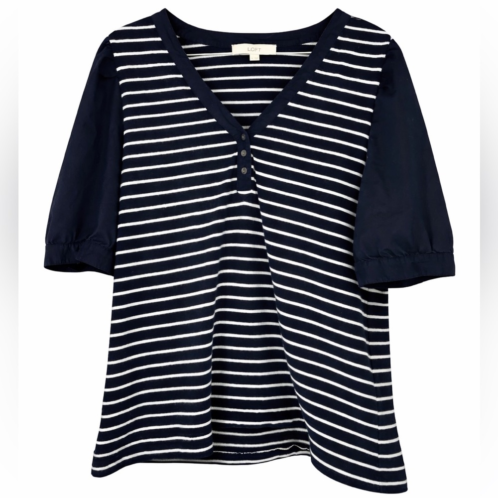 Loft Nautical Mixed Media Short Sleeve Woven Blouse